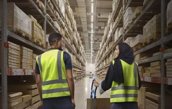 An image of two workers moving in a large warehouse. Both are wearing safety vests, and one of them is a woman.
