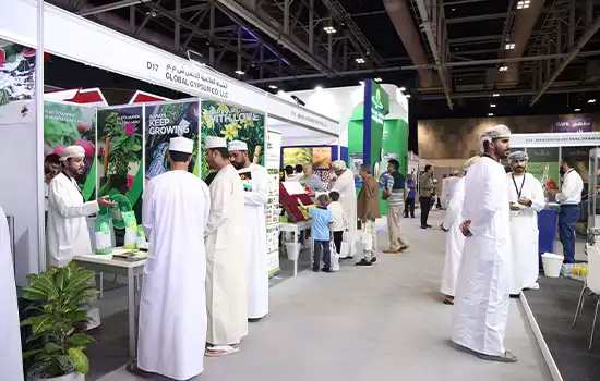 Various booths at Oman AgroFood 2024 showcasing innovations and new products in agriculture and the food industry.