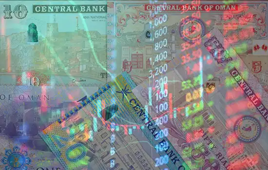 An image of currency and stock market figures, representing the decline in Gulf stock markets due to recent regional tensions.