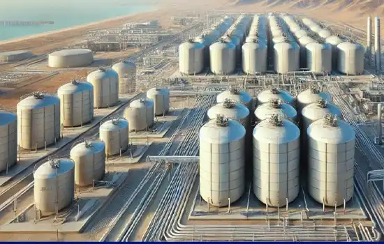 An image of a production facility with large storage tanks, representing a methanol and gas plant in Oman.