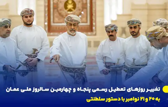 تصویری از پادشاه عمان که در حال بررسی نقشه‌ای است و گروهی از افراد در کنارش حضور دارند.