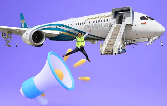Image of an Oman Air plane with a happy person and a loudspeaker symbol, representing a special National Day discount announcement.