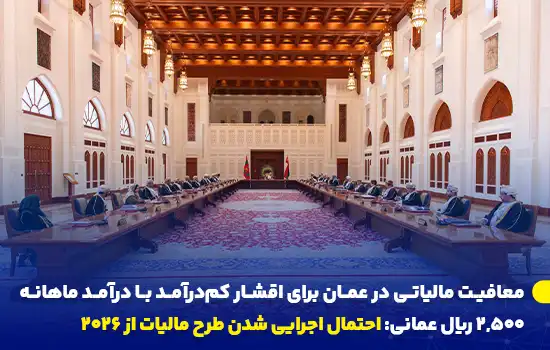 تصویر جلسه‌ای رسمی در عمان با حضور نمایندگان در سالن با طراحی سنتی و فرش‌های مجلل