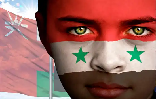 Image of a child with the Syrian flag painted on their face and Oman's flag in the background