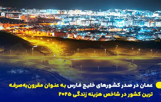 نمای شبانه‌ای از مسقط، عمان، با تأکید بر رتبه‌بندی آن به‌عنوان مقرون‌به‌صرفه‌ترین کشور خلیج فارس در شاخص هزینه زندگی ۲۰۲۵.