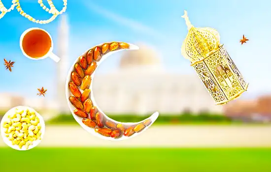 A symbolic Ramadan image featuring a crescent made of dates, a traditional lantern, tea, and nuts with the Grand Mosque of Oman in the background.
