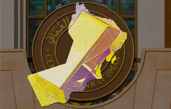 An image of Oman’s map in gold overlaying the Central Bank of Oman’s headquarters, symbolizing the country’s growing financial and gold reserves.