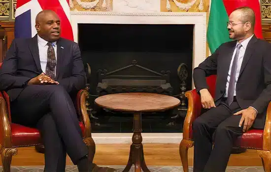Badr bin Hamad Al Busaidi, Oman’s Minister of Foreign Affairs, and David Lammy, UK Secretary of State for Foreign, Commonwealth, and Development Affairs, engage in a formal diplomatic discussion in London.