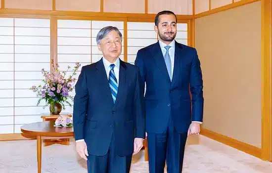 Crown Prince Theyazin of Oman standing with Emperor Naruhito at Japan’s Imperial Palace