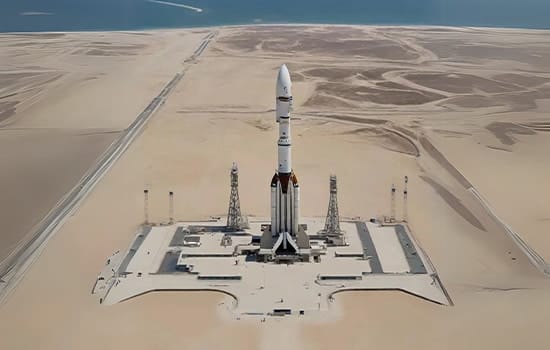 Aerial view of the Horus-4 rocket on the launch pad at Etlaq Spaceport, Duqm Special Economic Zone – the first commercial space launch site in the Middle East and North Africa