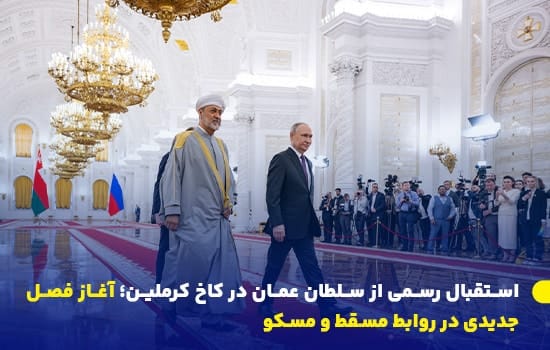 هیثم بن طارق، سلطان عمان، همراه با ولادیمیر پوتین، رئیس‌جمهور روسیه، در مراسم استقبال رسمی در کاخ کرملین - آوریل ۲۰۲۵