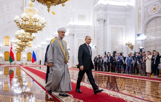 Sultan Haitham of Oman and President Vladimir Putin walk together during the official welcoming ceremony at the Kremlin, April 2025
