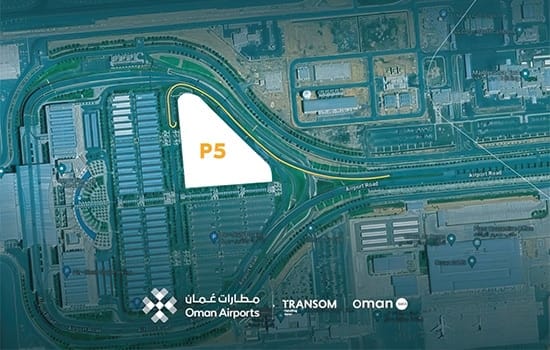 A map showing Muscat International Airport's P5 parking zone, where a RO 1 daily long-term parking offer is being implemented