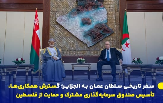سلطان عمان و رئیس‌جمهور الجزایر در دیدار رسمی در مقابل نقش برجسته نقشه الجزایر؛ نماد روابط استراتژیک میان دو کشور